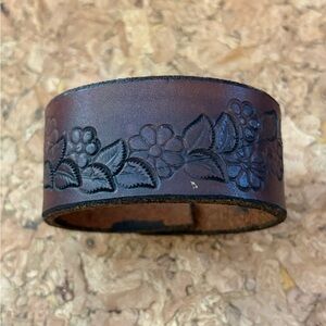Floral Embossed Brown Leather Cuff Bracelet
